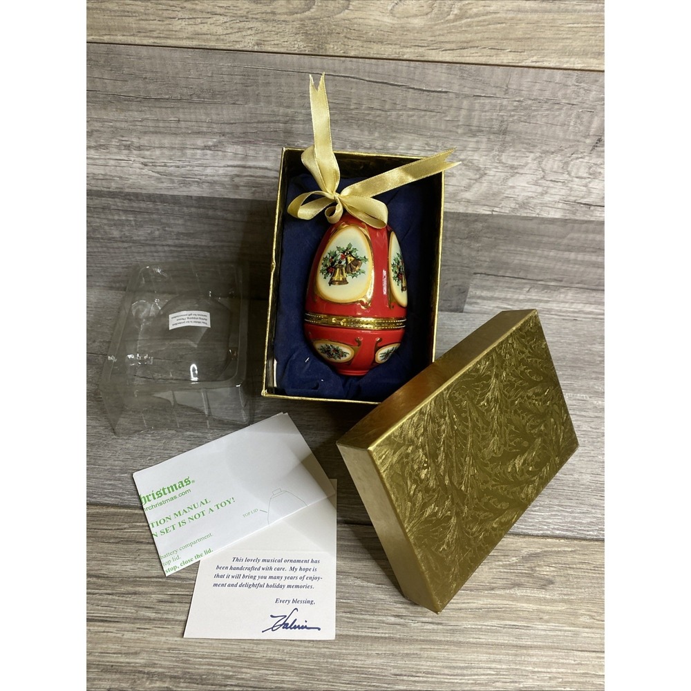 Mr. Christmas Musical Egg Ornament Music Box Porcelain Valerie Parr Hill Red